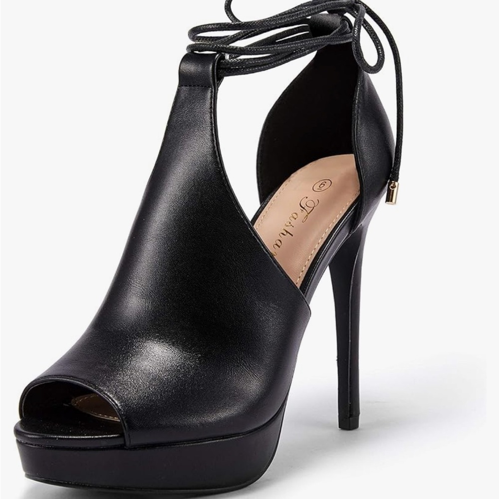NEW BLACK Leather Lace-Up Peep Toe High Heel Platform Sandals